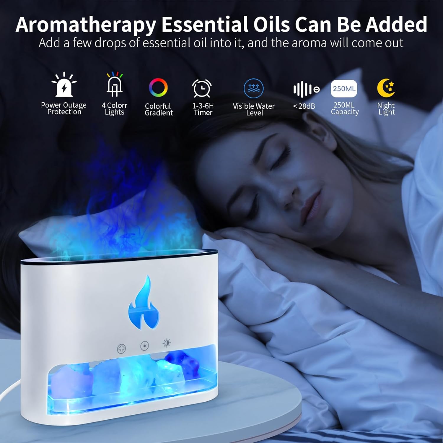 Essential Oil Diffuser 2 in 1 Aromatherapy Diffuser & Himalayan Salt Lamp 250ml Flame Humidifier for Bedroom Mute Colorful Night Light (without Essential Oil, Timeable, White)