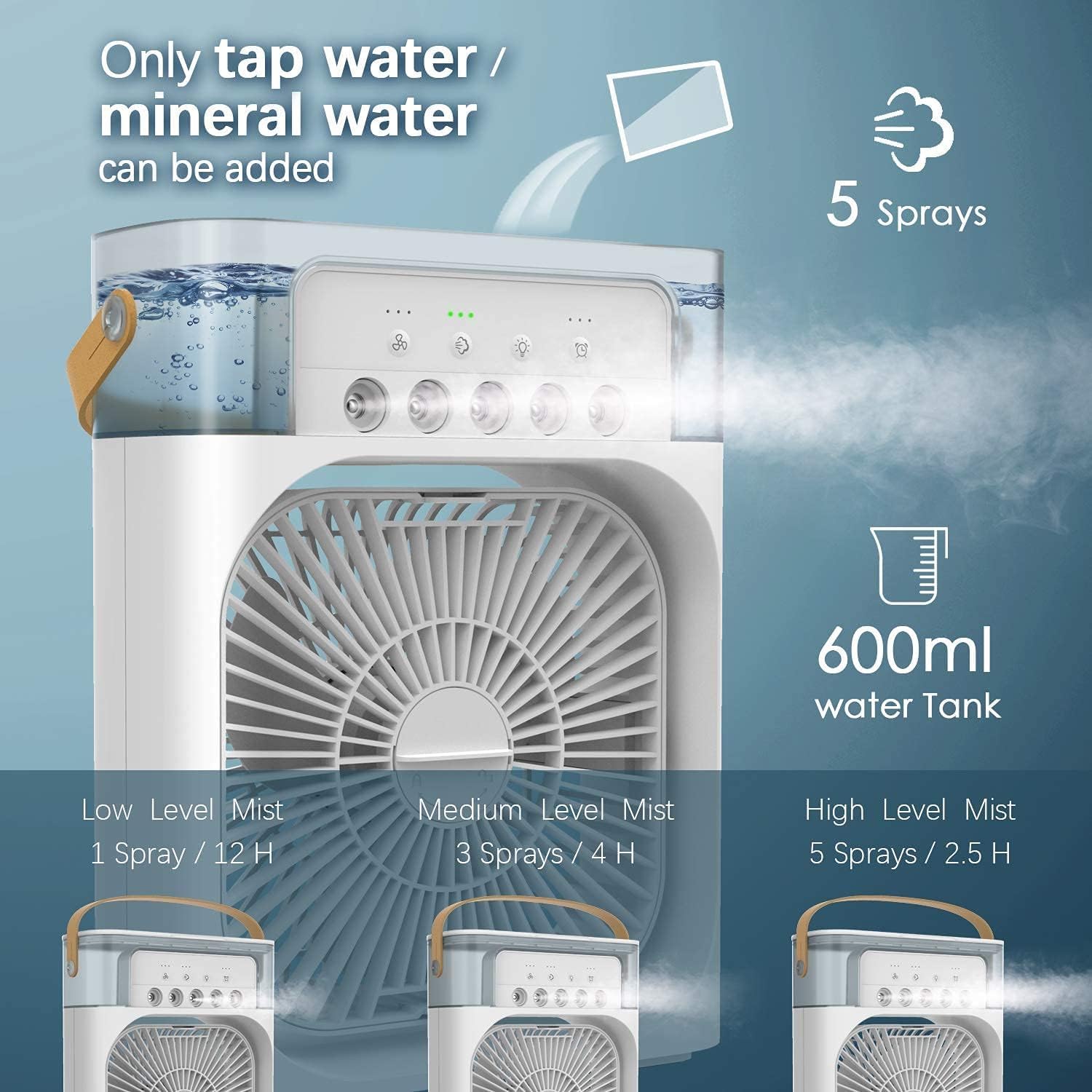 SHAYONAM Cooler for Room Cooling Mini AC Portable Mini Fan Artic Cooler with 7 Colors LED Light, 1/2/3 H Timer, 3 Wind Speeds and 3 Spray Modes for Office,Home,Dorm,Travel