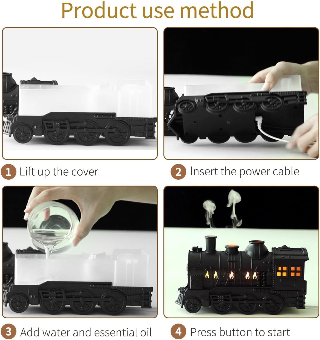 BOHOFAM plastic Train Essential Oil Diffuser Ultrasonic Cool Mist Aromatherapy Diffuser Humidifier with Auto Shut-Off and 2 Light 2 Mist Mode,Auto Shut-Off,for Large Room,Home,Office Hotel 300ml
