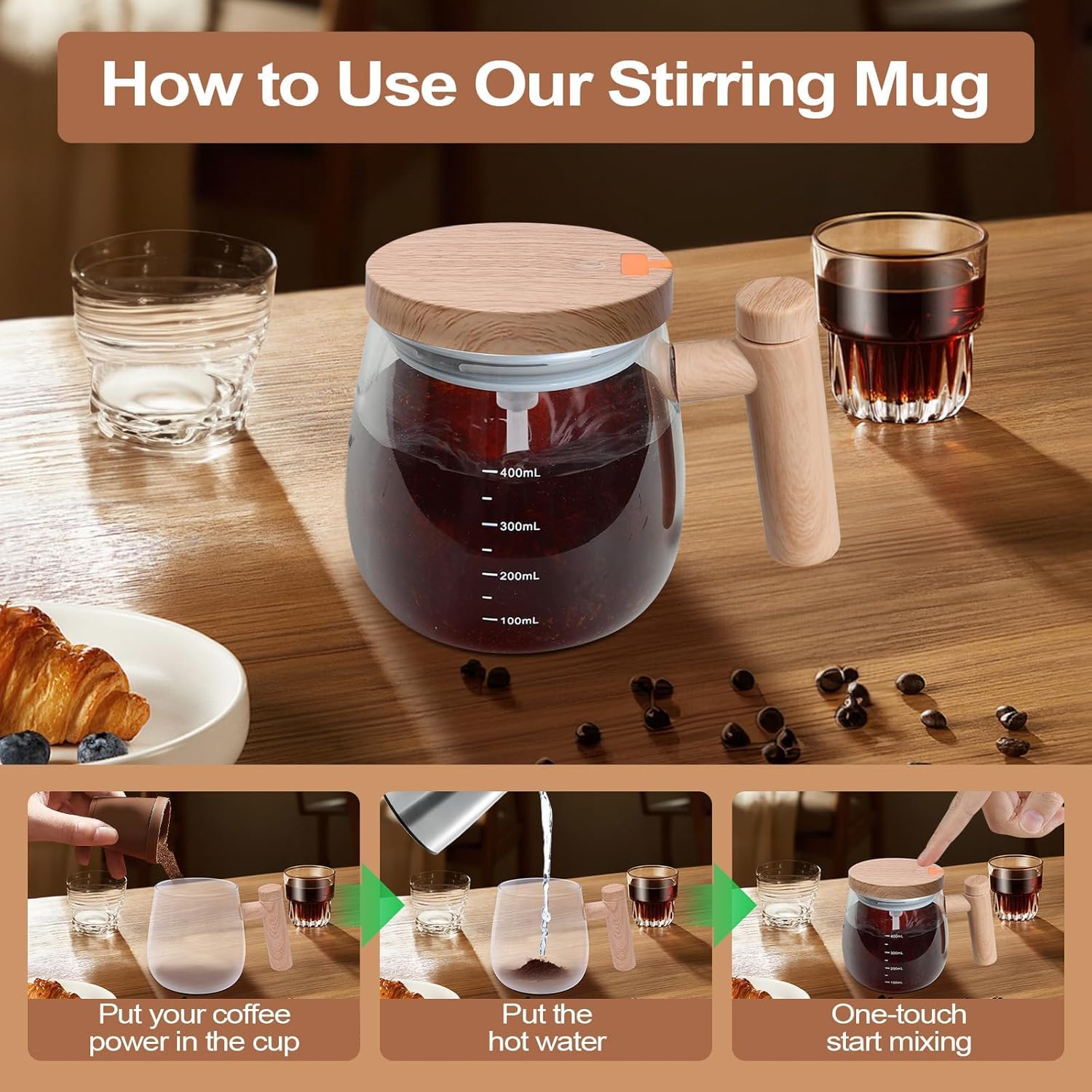 Self Stirring Coffee Mug, Glass Electric Self Mixing Cup with Lid & Handle, 400ml Auto Self Stirring Cup to Stir Coffee, Mixed Milk, Powder (400 ml) (Wooden)