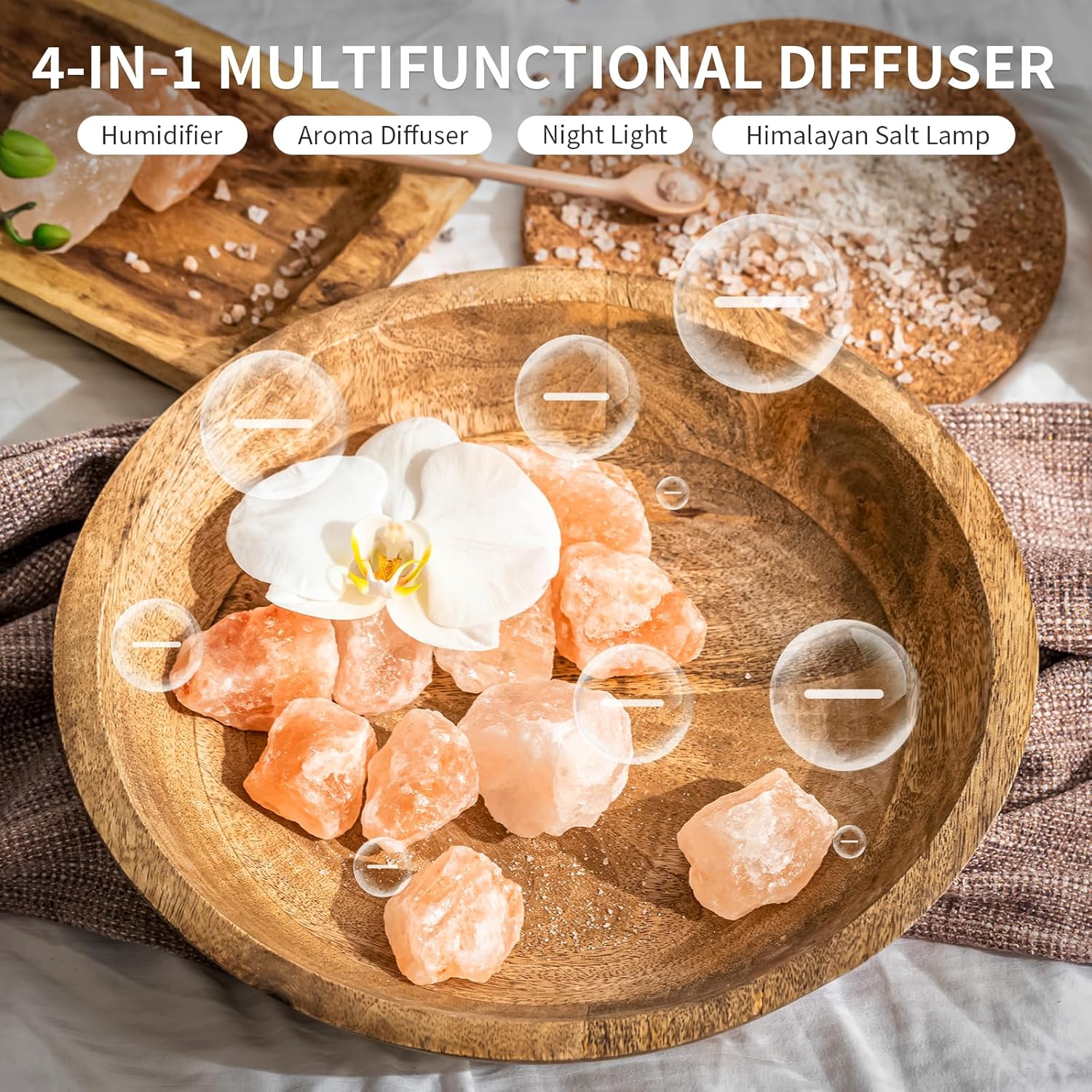 Essential Oil Diffuser 2 in 1 Aromatherapy Diffuser & Himalayan Salt Lamp 250ml Flame Humidifier for Bedroom Mute Colorful Night Light (without Essential Oil, Timeable, White)