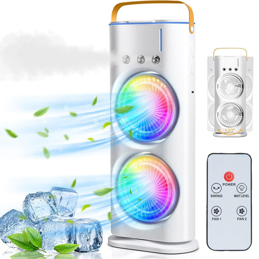 Oumffy 4000mAh Double Ended Spray Fan, Cold Air Fan, 2025 New 3 Gears USB Rechargeable Oscillating fan with LED Light Cooler Fan, Touch & Remote Control, 280ml Water Tank, Ice Filling Fan (White)